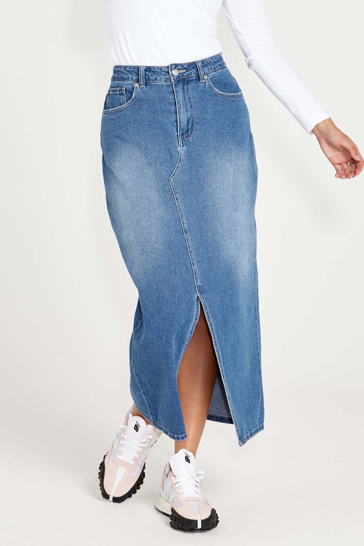 Emerald Denim Maxi Skirt in 80 Wash Blue | SASS | Hey Sara