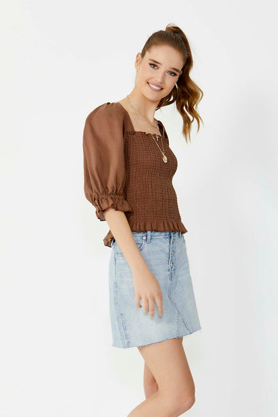 Sass Abby Shirred Linen Top in Chocolate