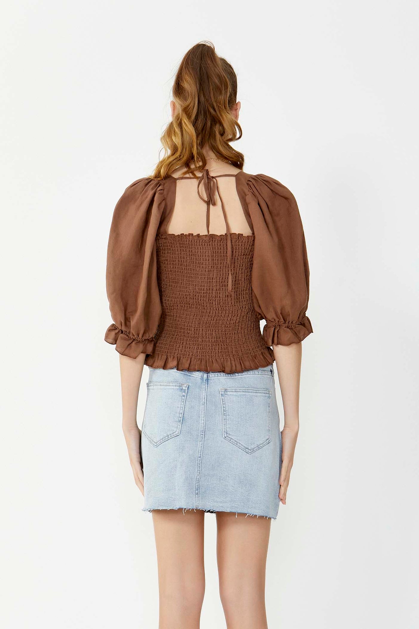 Sass Abby Shirred Linen Top in Chocolate