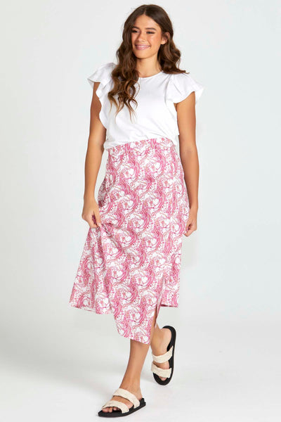 Sass Jemima Midi Skirt in Pink Paisley