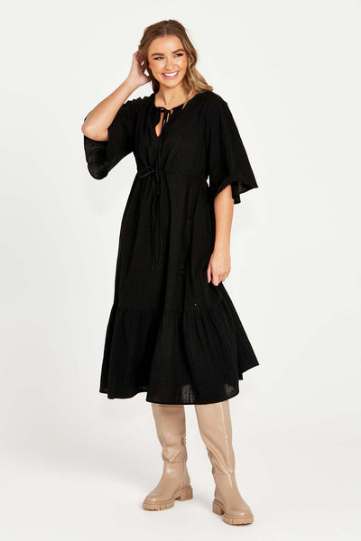 Sass Sonya Midi Tiered Dress in Black