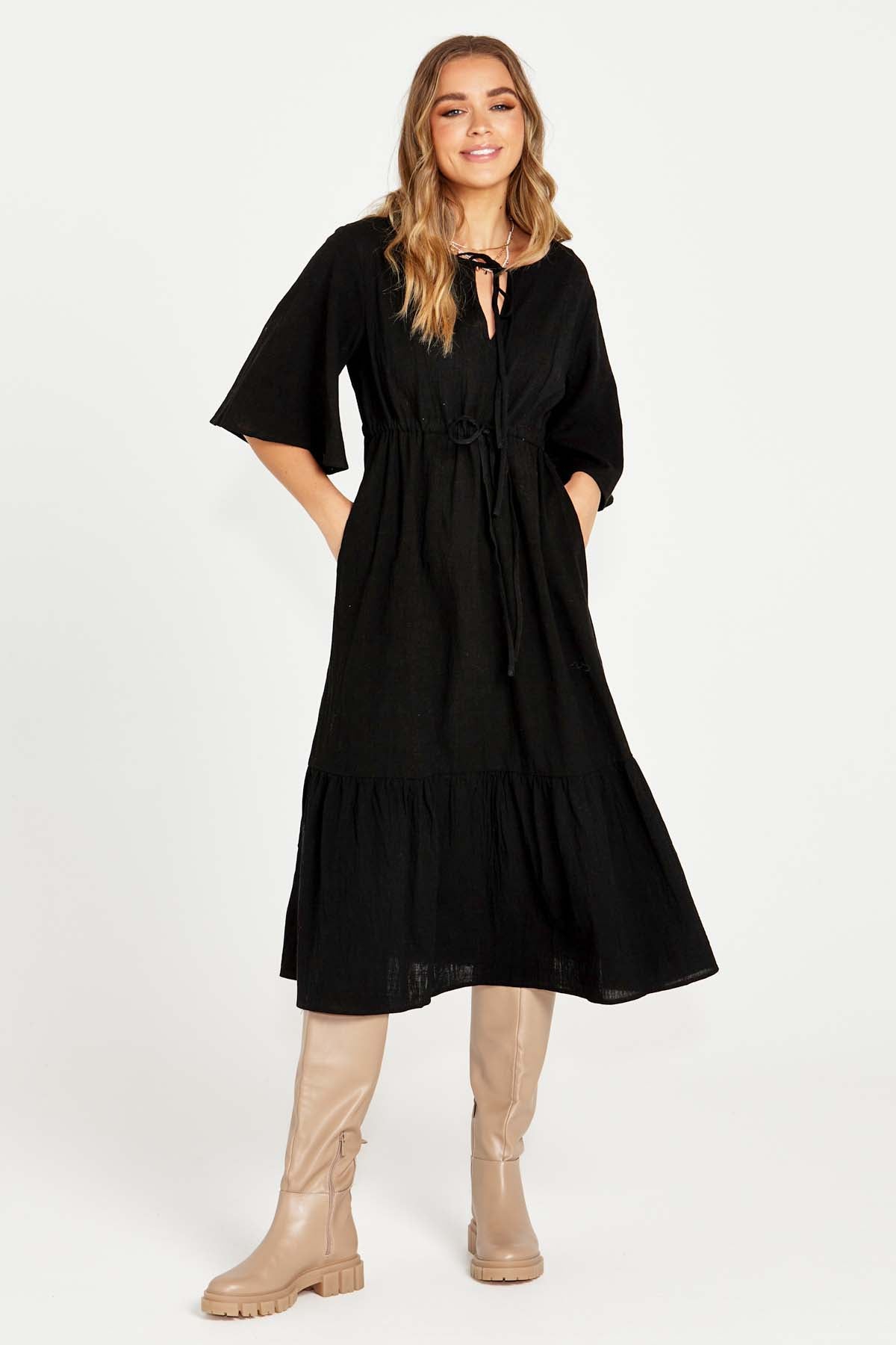 Sass Sonya Midi Tiered Dress in Black
