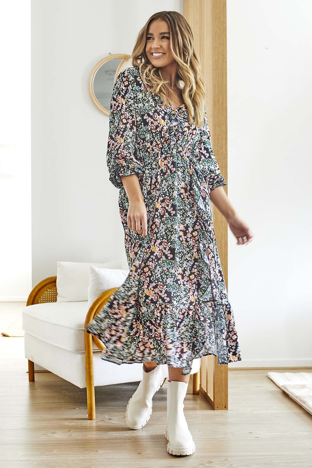 Sass June Long Sleeve Midi Dress in Patchwork Floral