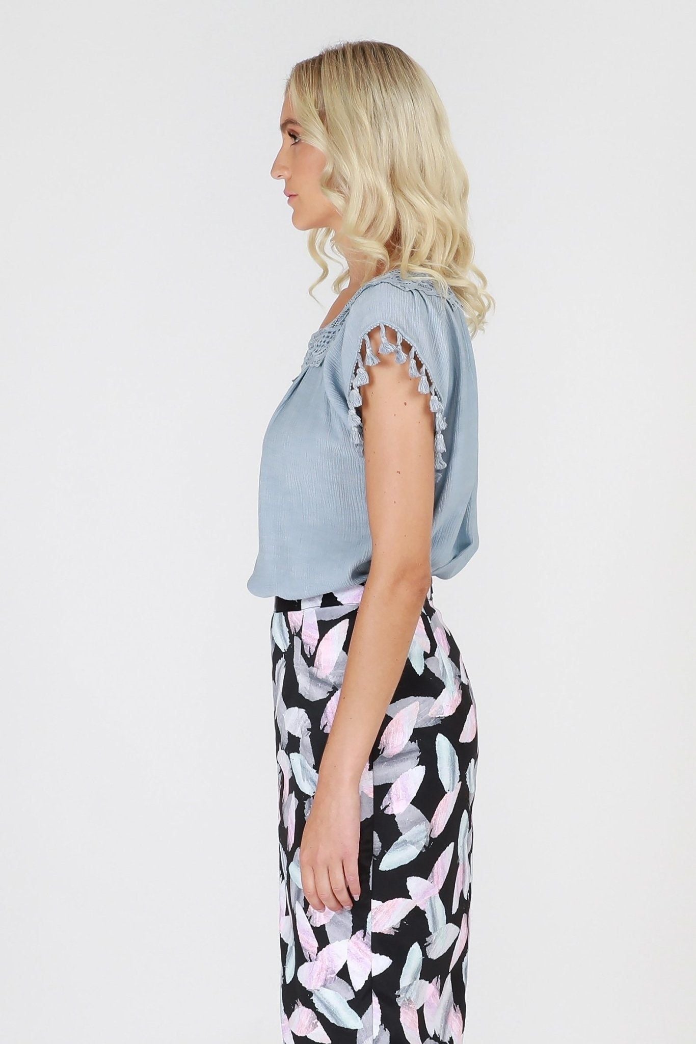 3RD Love Vivid Blues Tassel Sleeved Blouse in Steel Blue - Hey Sara