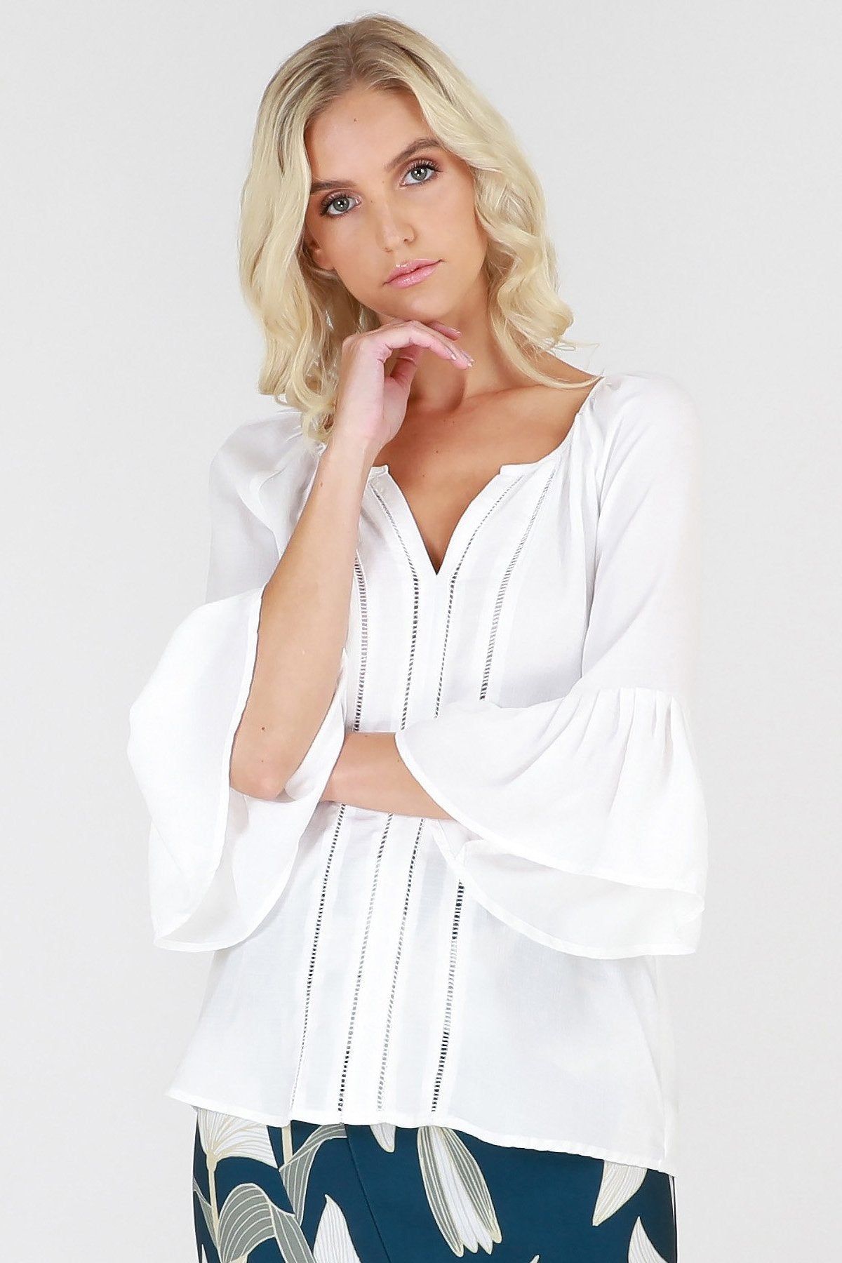 3RD Love Vivid White Lace Pleated Bell Sleeve Top in Ivory - Hey Sara