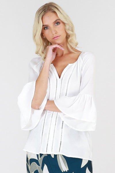 3RD Love Vivid White Lace Pleated Bell Sleeve Top in Ivory - Hey Sara
