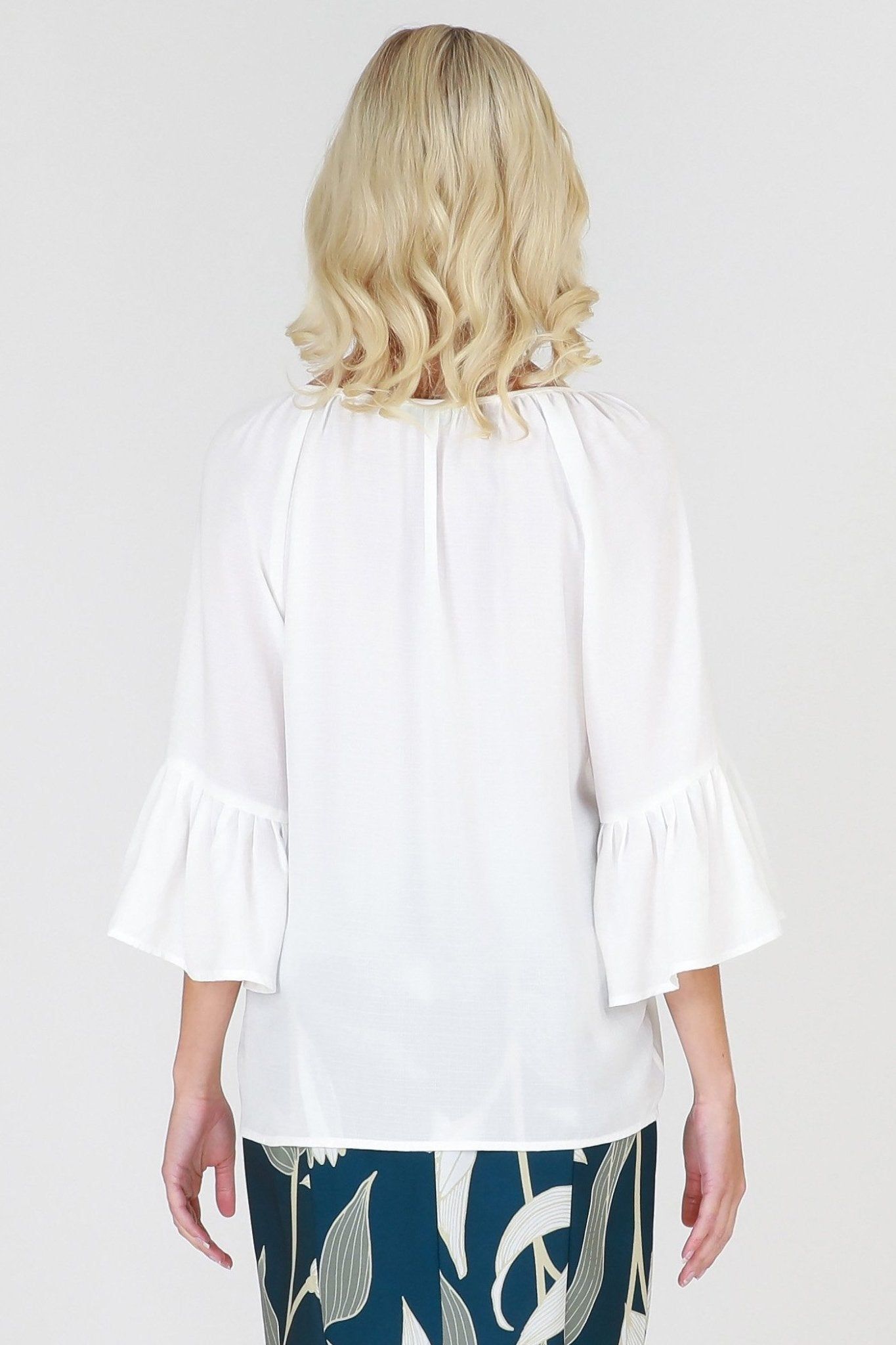 3RD Love Vivid White Lace Pleated Bell Sleeve Top in Ivory - Hey Sara