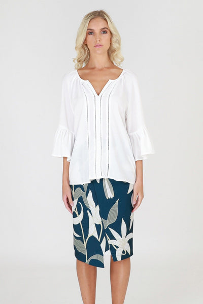 3RD Love Vivid White Lace Pleated Bell Sleeve Top in Ivory - Hey Sara