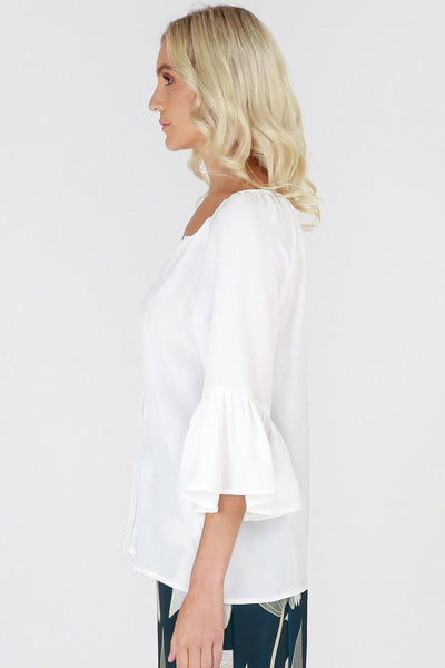 3RD Love Vivid White Lace Pleated Bell Sleeve Top in Ivory - Hey Sara