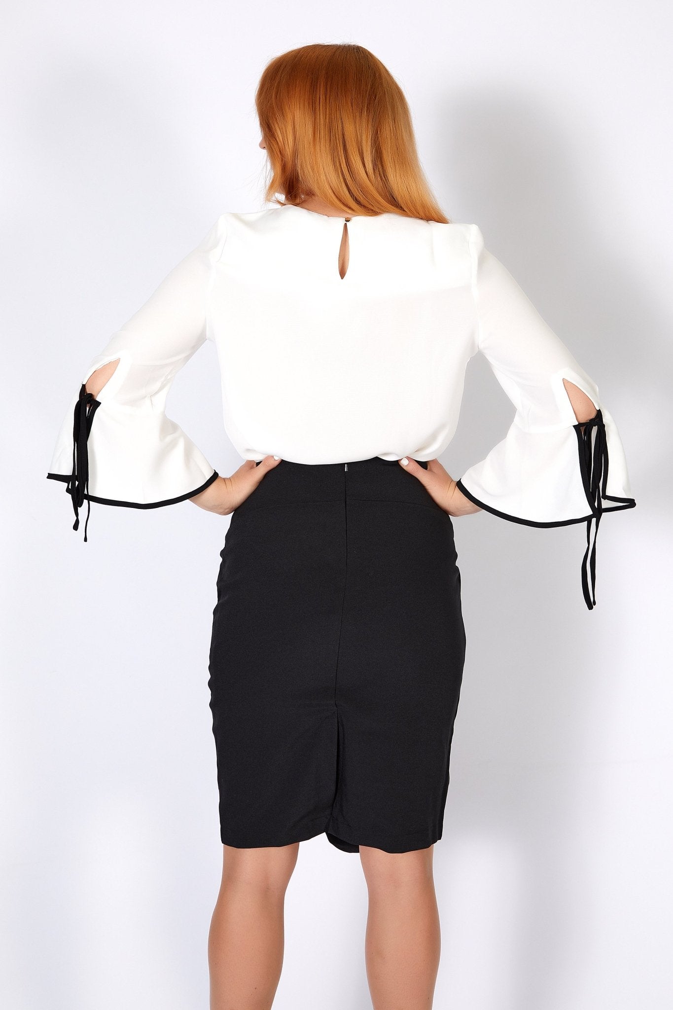 3RD Love Vivid White Bell Sleeved Top in Ivory with Black Trim - Hey Sara