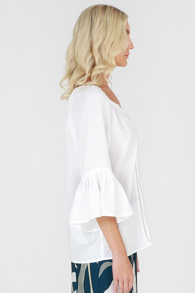 3RD Love Vivid White Lace Pleated Bell Sleeve Top in Ivory - Hey Sara