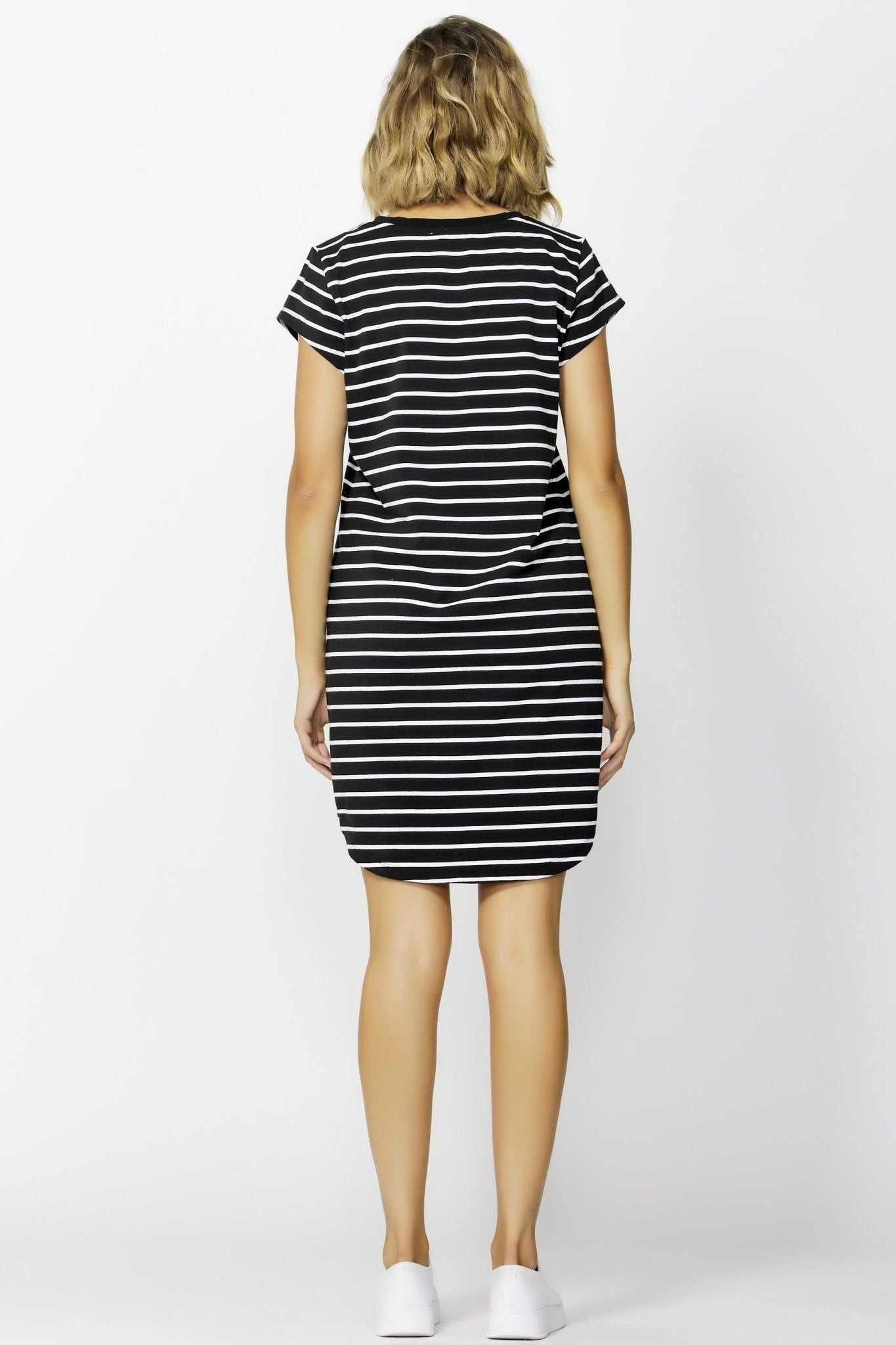 Betty Basics Ava V-Neck Mini Dress in Black with White Stripe - Hey Sara