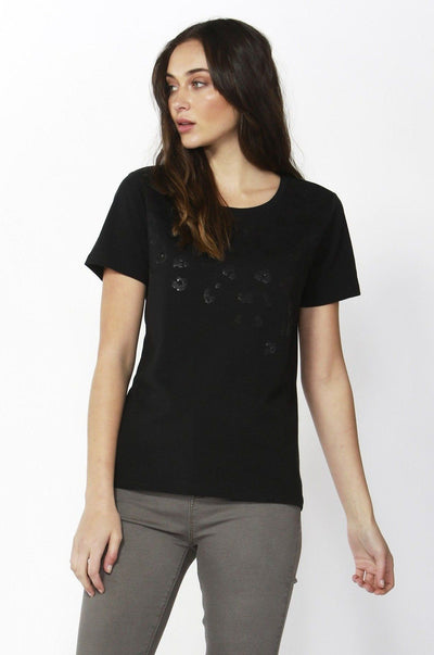 Betty Basics Cara Tee in Black with Leopard Sequin Trim - Hey Sara
