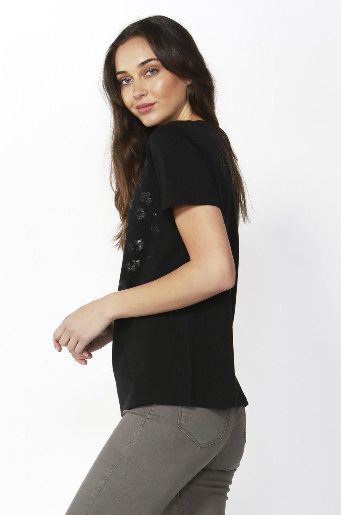 Betty Basics Cara Tee in Black with Leopard Sequin Trim - Hey Sara
