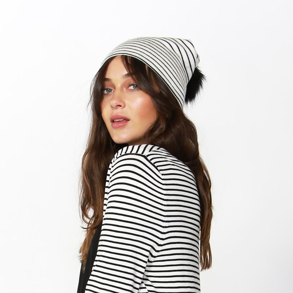 Betty Basics Harper Knit Beanie in White with Black Stripe - Hey Sara