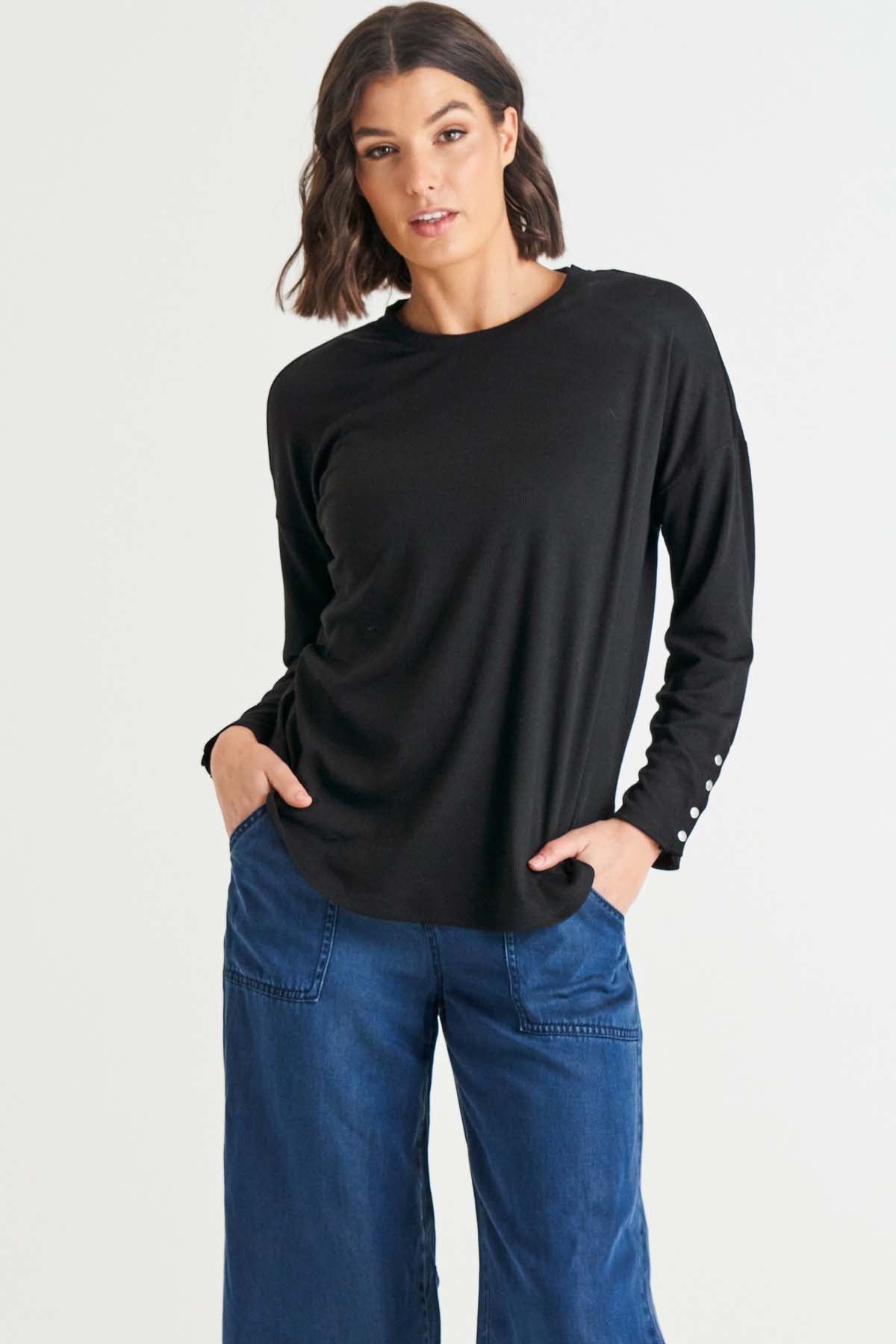 Malika Ribbed Long Sleeve Tee in Black | Betty Basics | Hey Sara