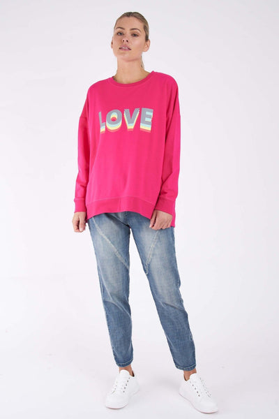 Betty Basics Poppy Sweater in Fuchsia with Love Print - Hey Sara