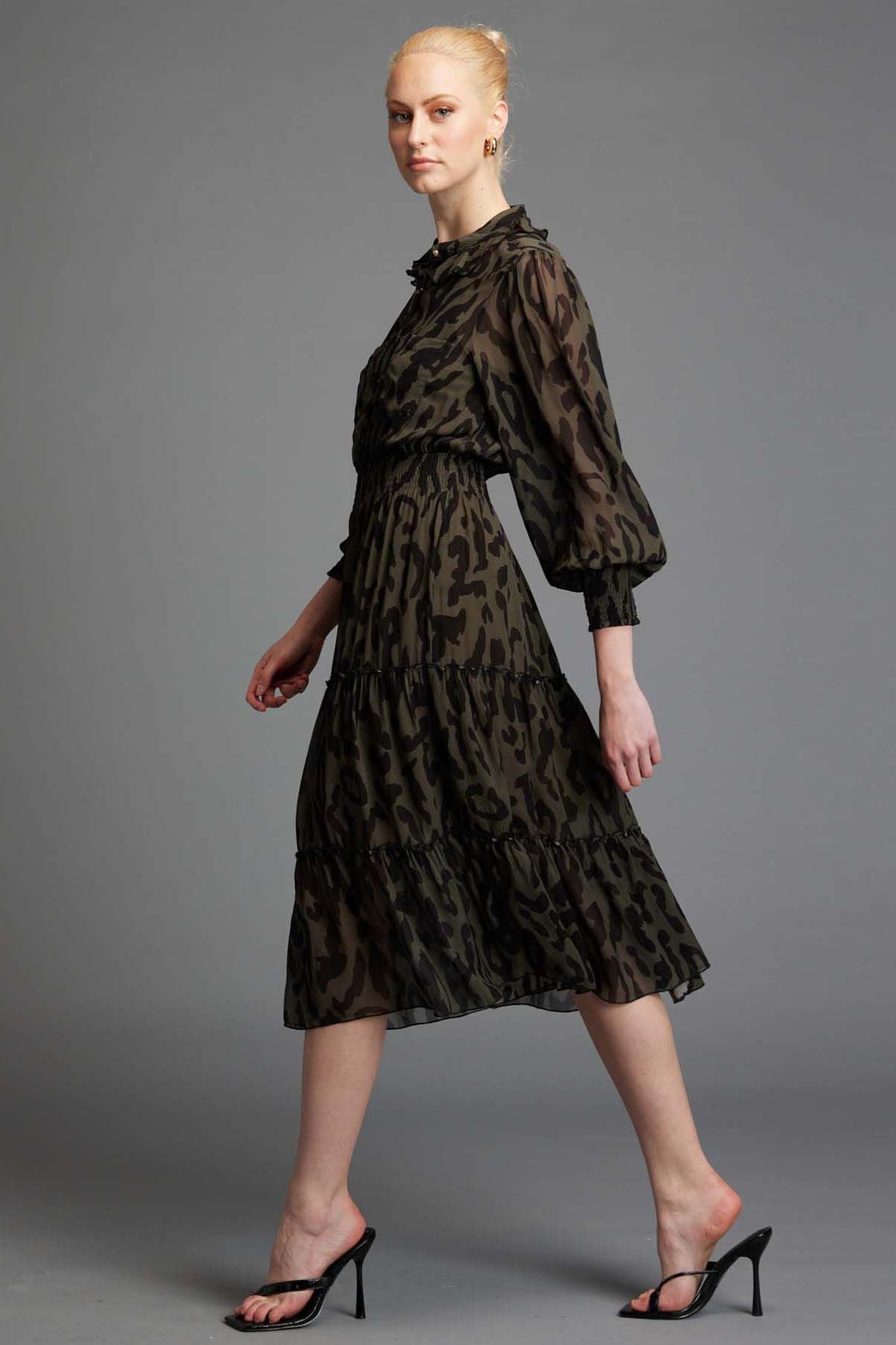 Fate + Becker Dreaming Frill Neck Midi Dress in Khaki Animal - Hey Sara