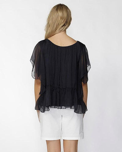 Fate + Becker Este Ruffled Sheer Silk Blouse in Navy - Hey Sara