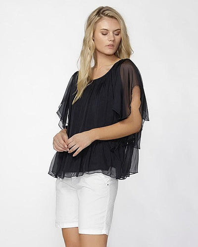 Fate + Becker Este Ruffled Sheer Silk Blouse in Navy - Hey Sara