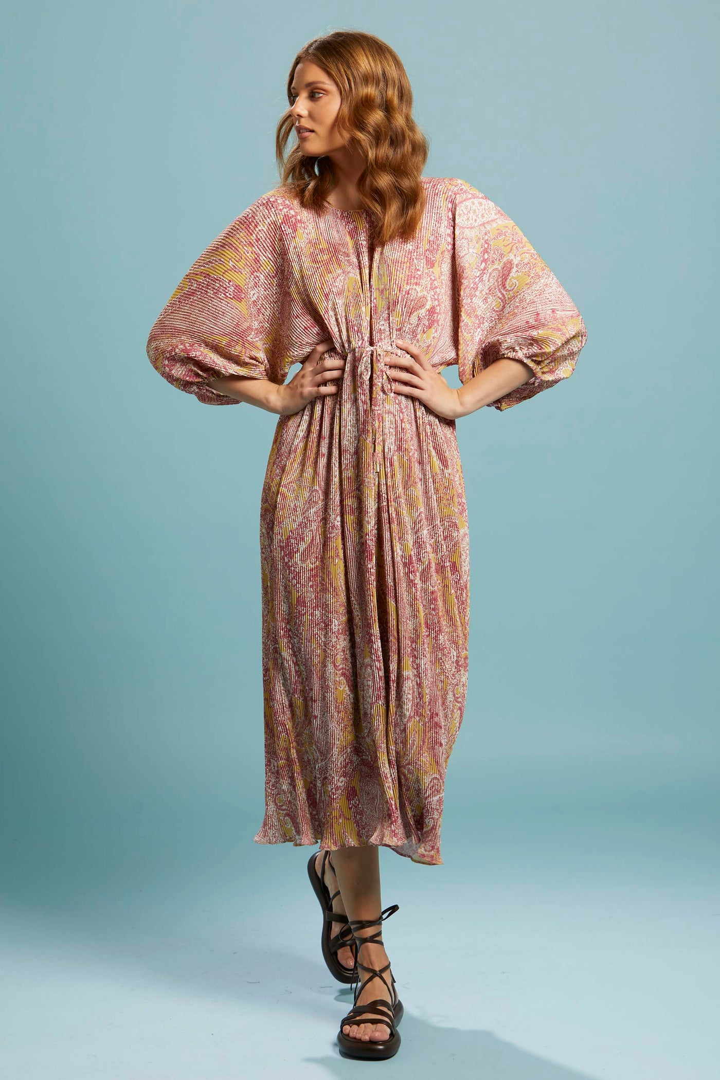 Fate + Becker First Move Pleated Midi Dress in Golden Paisley