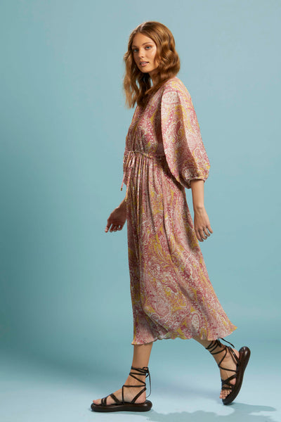 Fate + Becker First Move Pleated Midi Dress in Golden Paisley