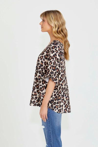Sass Kylie Relaxed Frill Sleeve Top in Animal