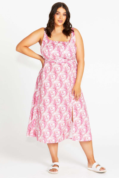 Sass Jemima Belted Midi Dress in Pink Paisley
