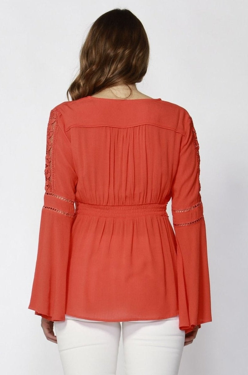 Sass Dominique Lace Trim Boho Blouse in Poppy Red - Hey Sara