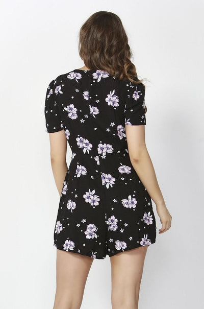 Sass Floral Bouquet Playsuit in Black and Lavender Print - Hey Sara