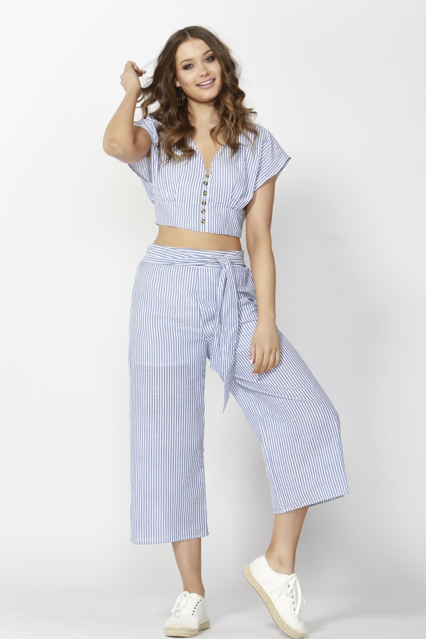 Sass Stripe Out Cropped Top in Blue White Stripe - Hey Sara