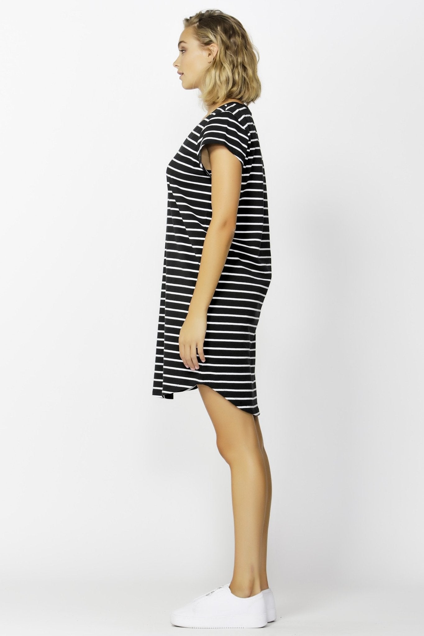 Betty Basics Ava V-Neck Mini Dress in Black with White Stripe Size 6 or 8 - Hey Sara