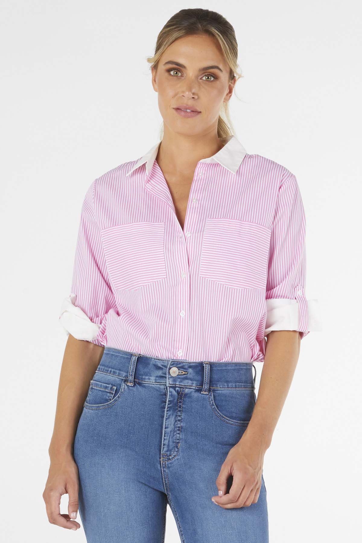 Betty Basics Heston Shirt in Pink Pinstripe - Hey Sara