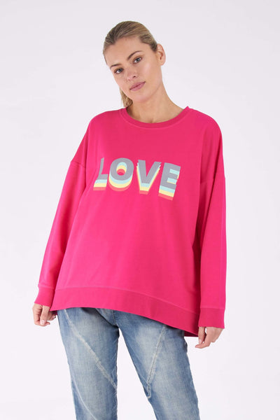 Betty Basics Poppy Sweater in Fuchsia with Love Print - Hey Sara