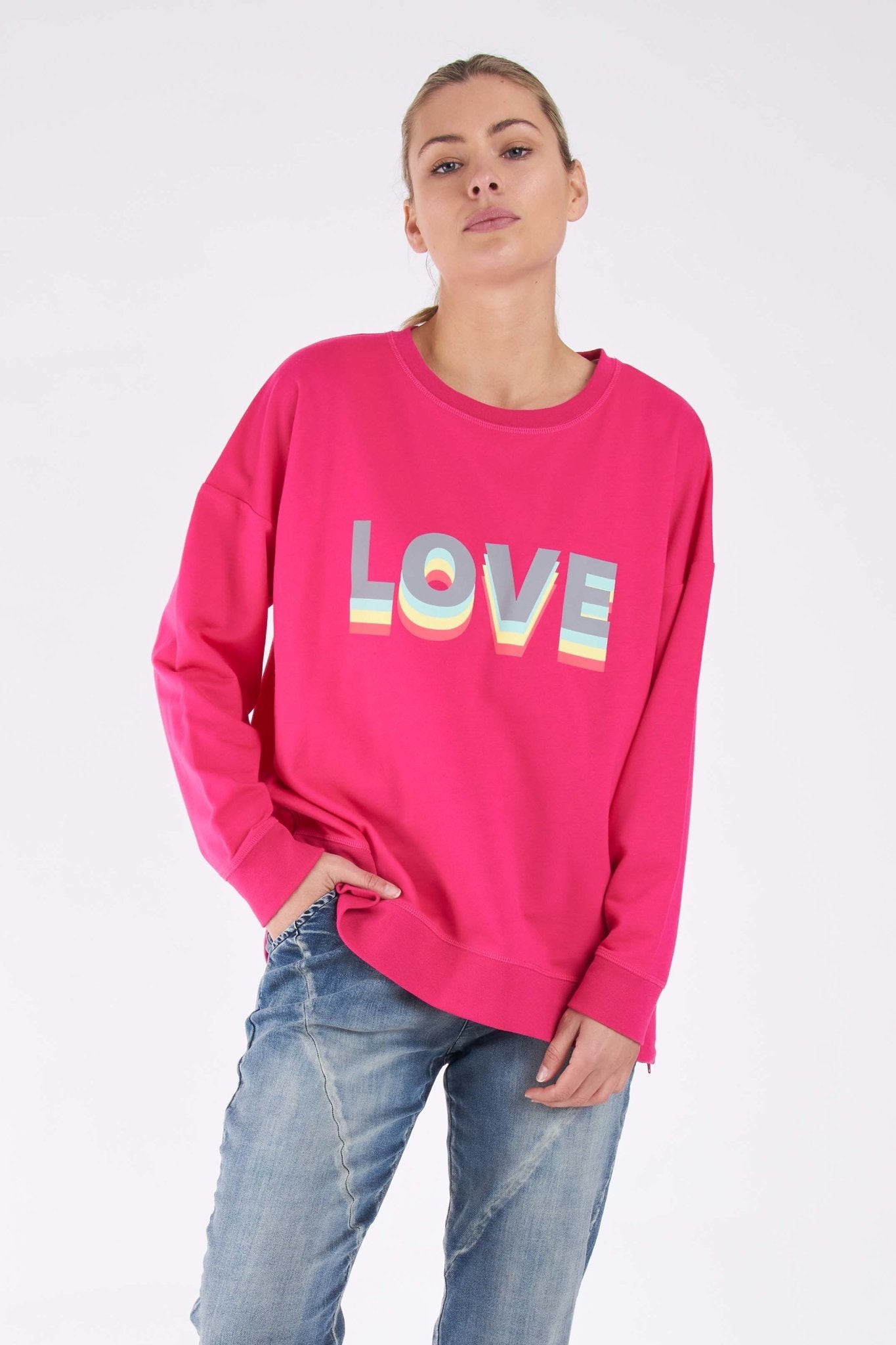 Betty Basics Poppy Sweater in Fuchsia with Love Print - Hey Sara