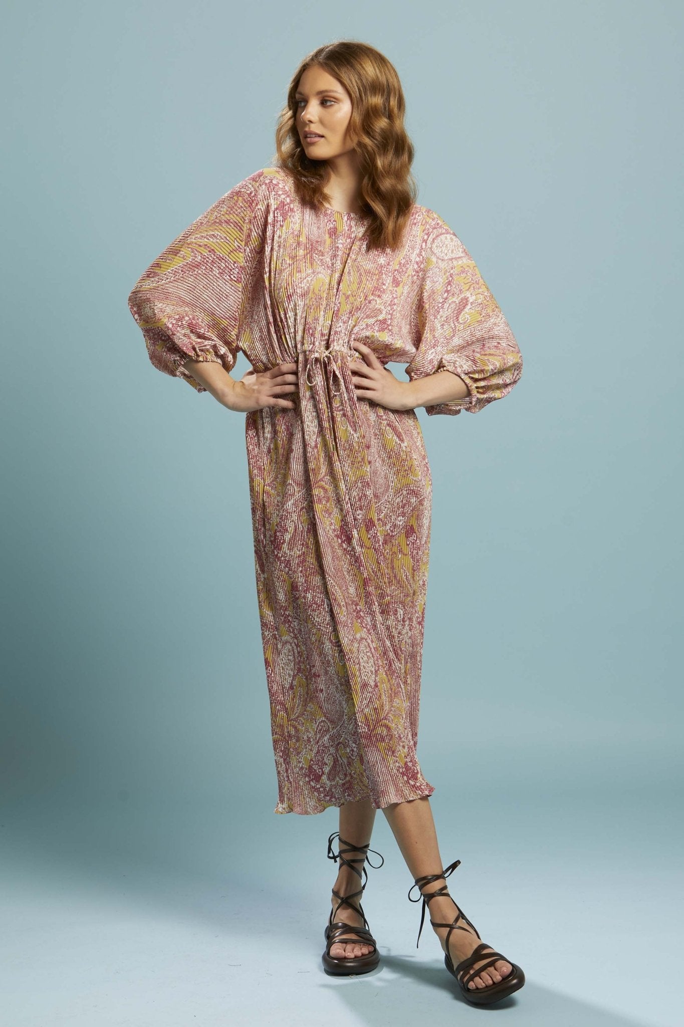 Fate + Becker First Move Pleated Midi Dress in Golden Paisley - Hey Sara