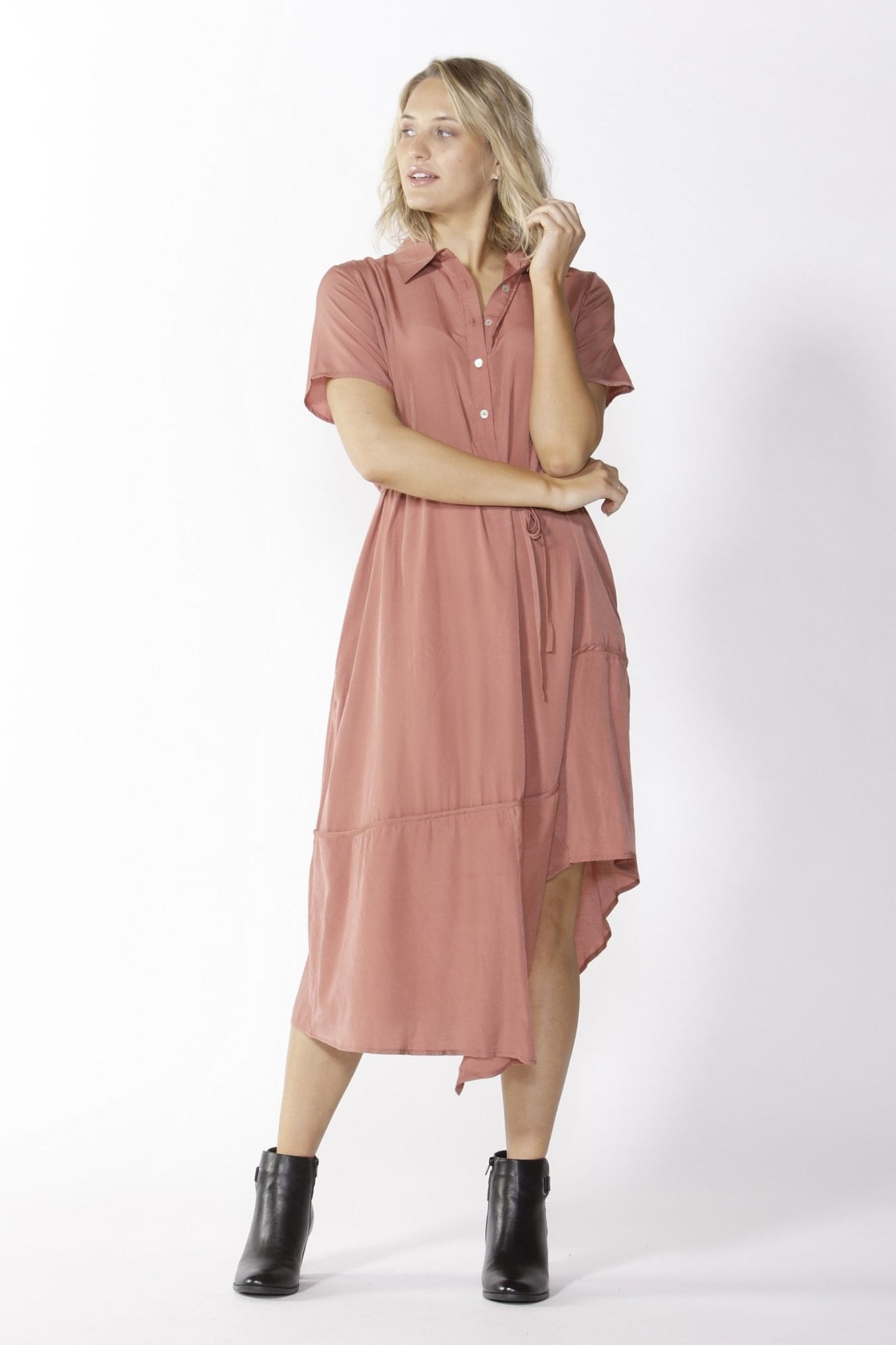 Fate + Becker Stella Midi Shirt Dress in Rosewood - Hey Sara