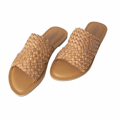 Human Shoes Eaton Leather Slide in Tan Weave - Hey Sara