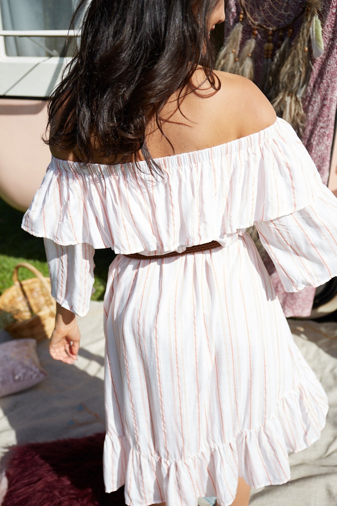 KIIK Luxe Candy Stripe Dress / Top with Ruffle Shoulder in Blush - Hey Sara