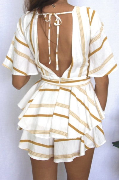 Saints + Secrets Very GC Playsuit in White and Mustard Stripe Size 8 ONLY - Hey Sara