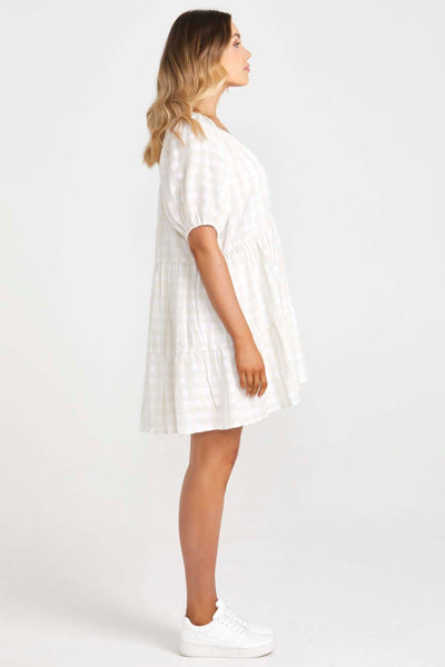 Sass Alina Tiered Linen Mini Dress in Natural Check - Hey Sara