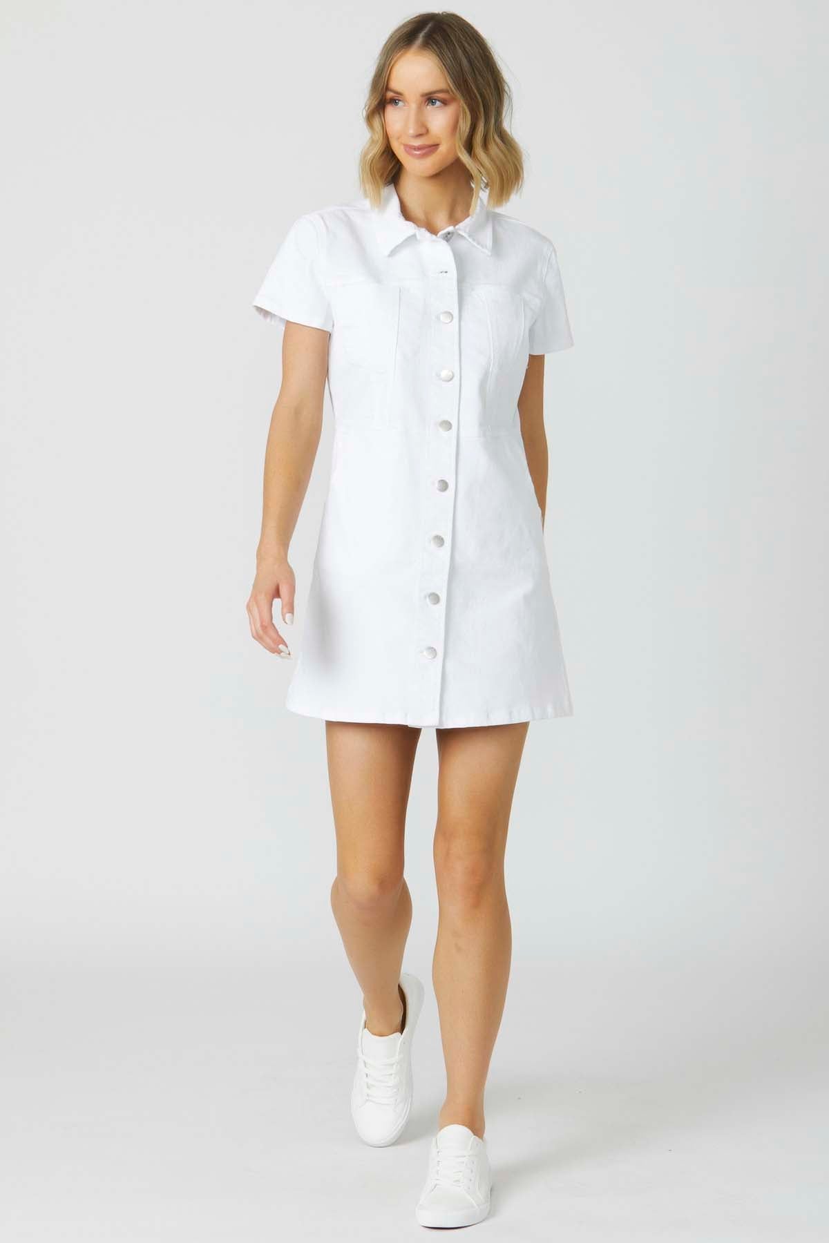 Sass Angie Denim Mini Dress in White - Hey Sara