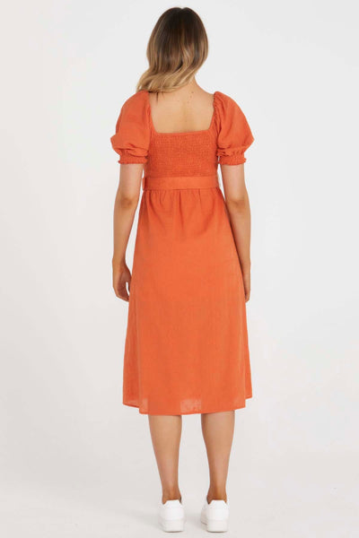 Sass Asher Midi Belted Dress in Burnt Orange - Hey Sara