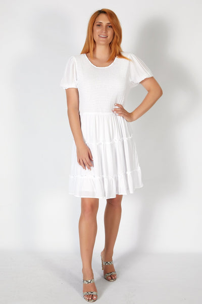 Sass Eya Shirred Dress in White - Hey Sara