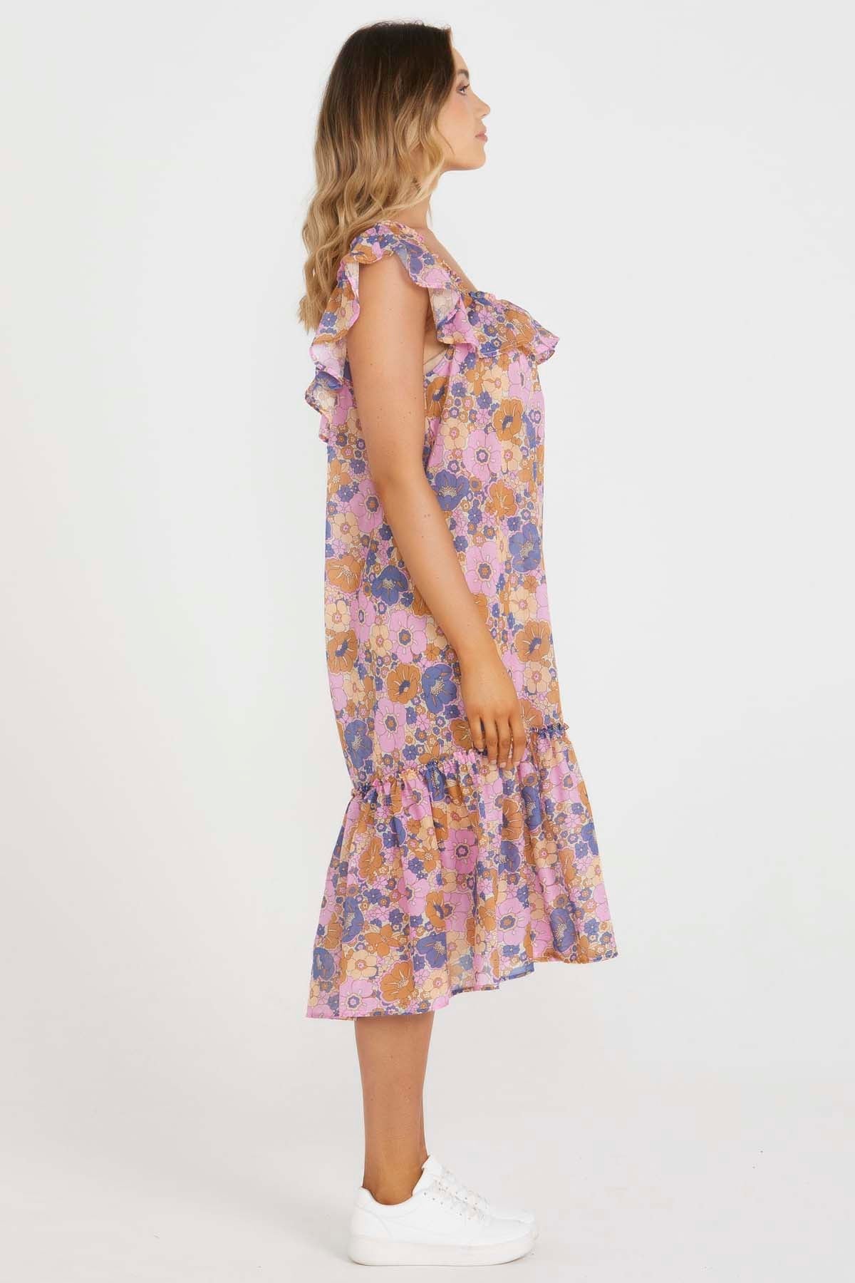 Sass Isla Ruffle Midi Dress in Retro Floral Print - Hey Sara