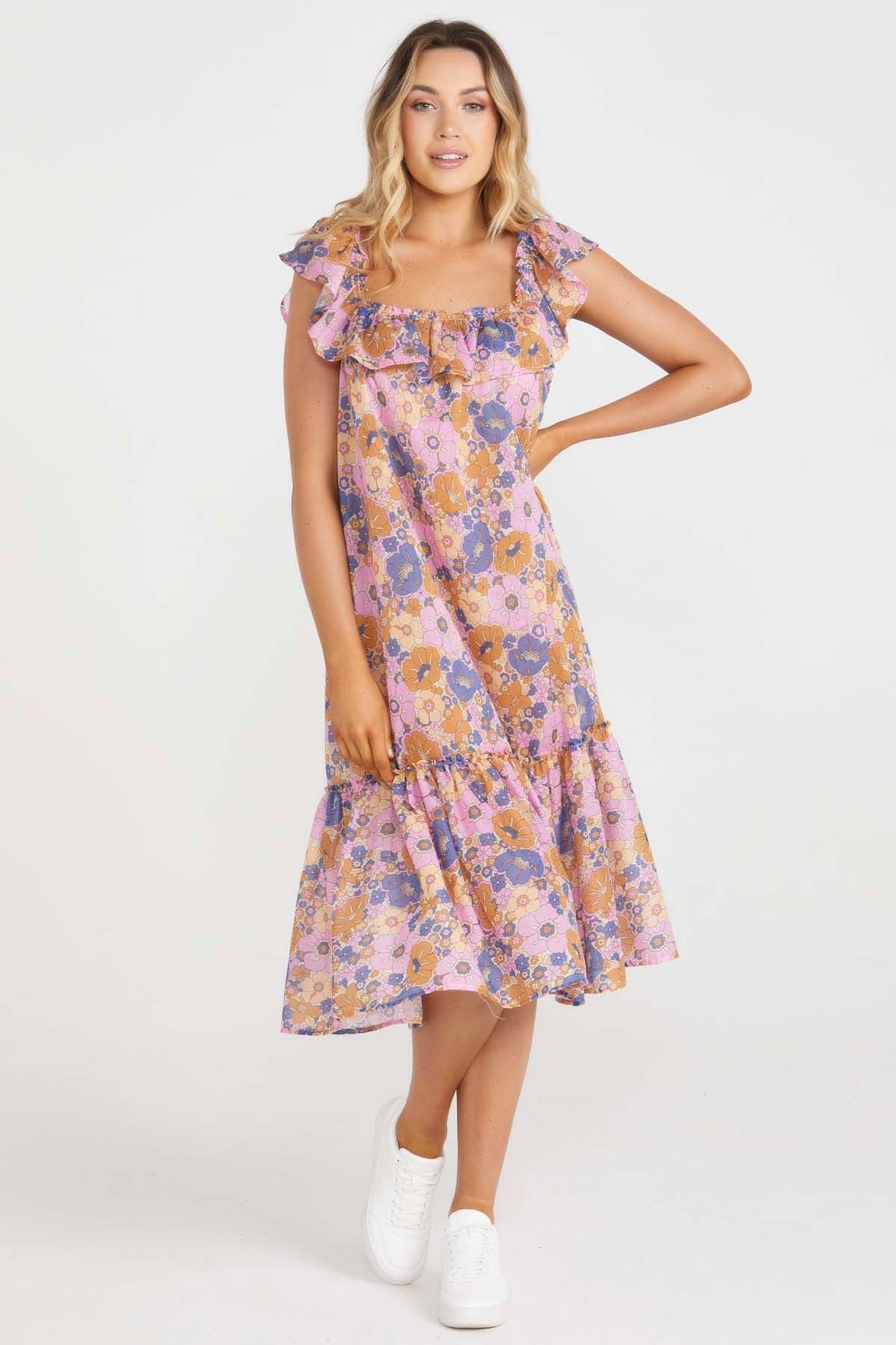 Sass Isla Ruffle Midi Dress in Retro Floral Print - Hey Sara