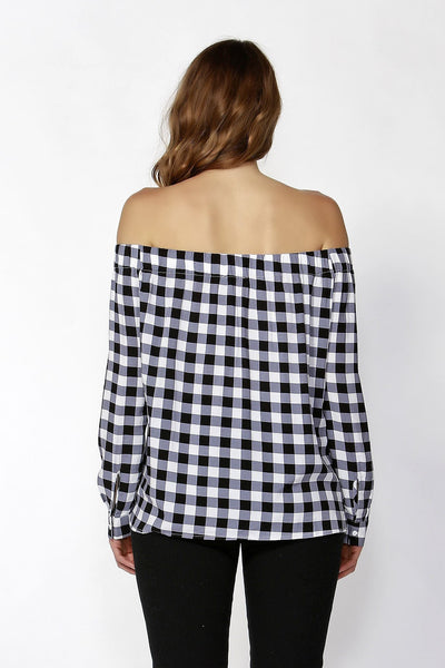 Sass Ricki Bow Front Open Shoulder Top in Black and White Check - Hey Sara