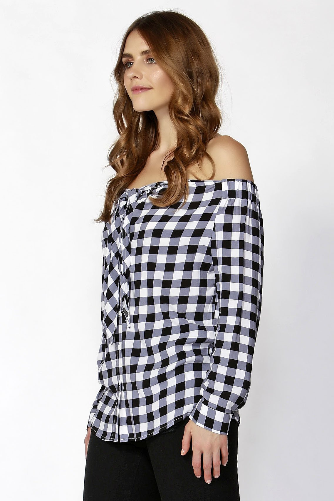 Sass Ricki Bow Front Open Shoulder Top in Black and White Check - Hey Sara