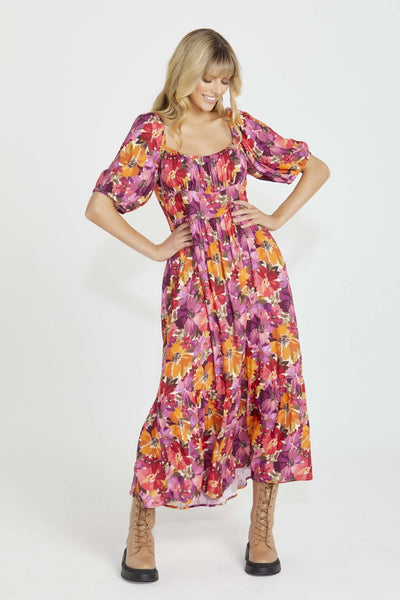 Sass Yasmin Frill Hem Midi Dress in Berry Floral - Hey Sara