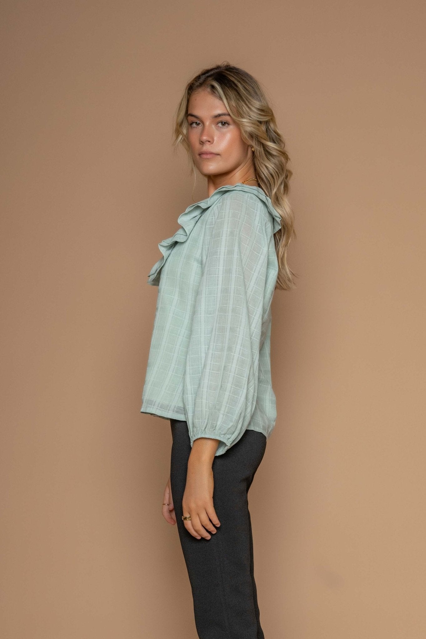 Silent Echo Avery Frill Neck Blouse in Arctic - Hey Sara